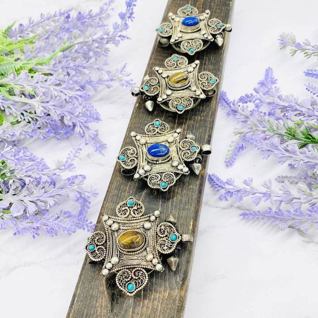 Filigree Design Pendant, Handmade Bohemian Jewelry, Tiger Eye Pendant, Lapis Lazuli Necklace, Vintage Flower Pendant, Gift For Her