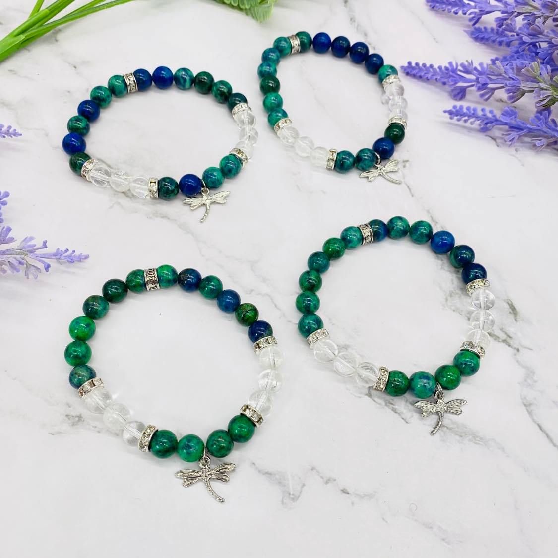 Chrysocolla  Bracelet with Butterfly Charms, Malachite, Azurite Bracelet, High Quality Crystal Jewelry, 8mm Beads, Gift for Her,