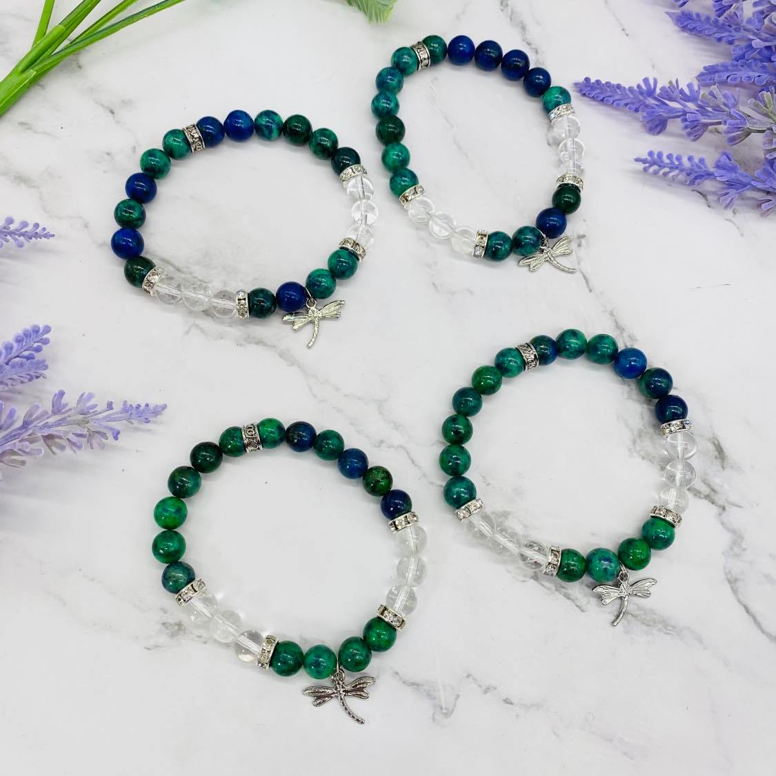 Chrysocolla  Bracelet with Butterfly Charms, Malachite, Azurite Bracelet, High Quality Crystal Jewelry, 8mm Beads, Gift for Her,