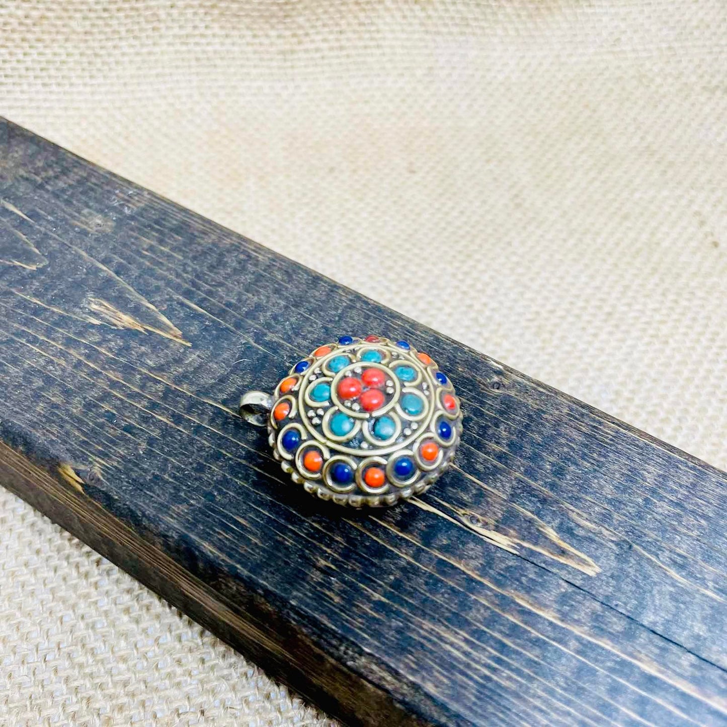 Ethnic Round Pendant, Turquoise Coral Lapis Lazuli Charms, Bohemian Charms, Handmade Jewelry, Ying Yang Pendant