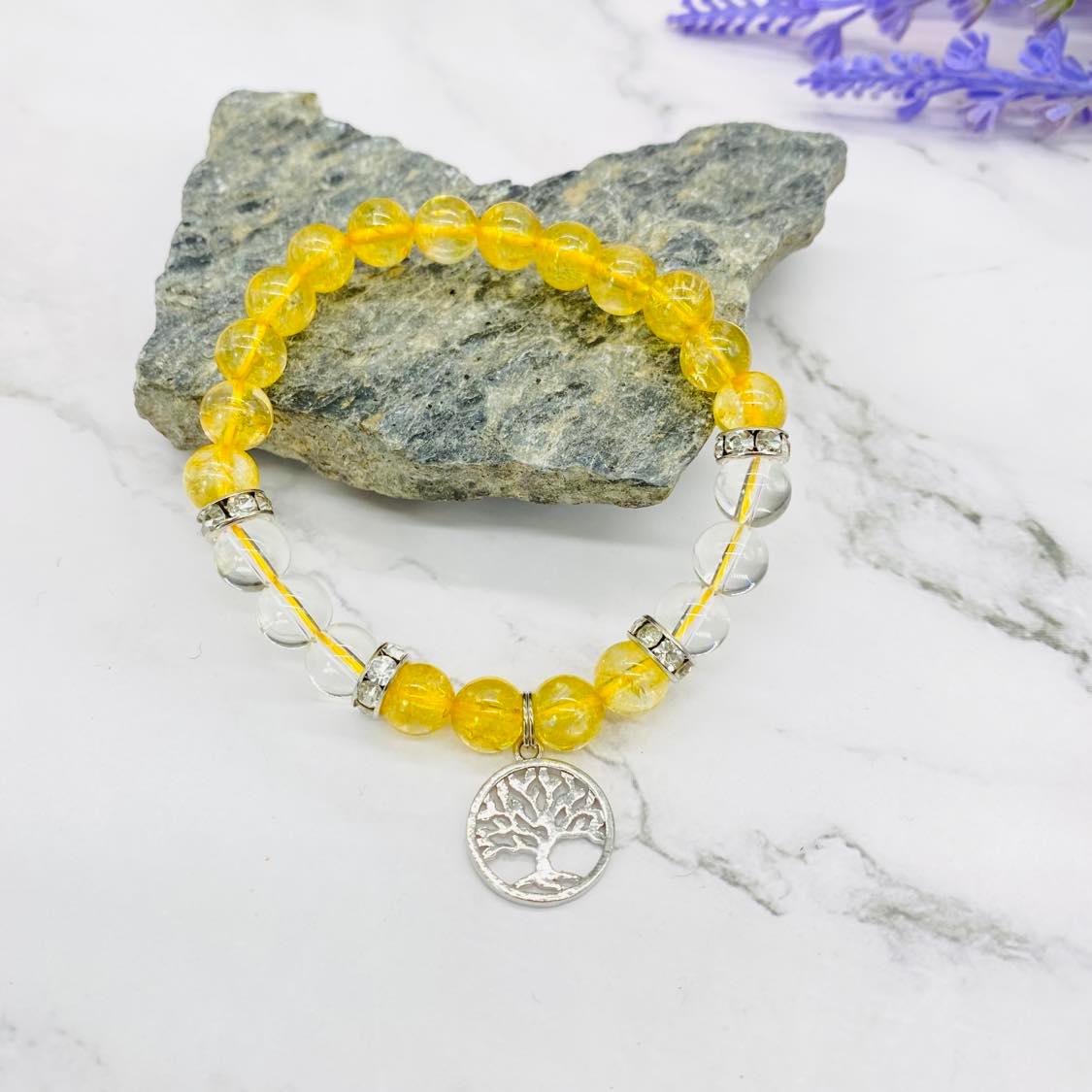 8 mm Citrine Bracelet with Charms, Quartz with Citrine, Tree of Life Bracelet, Citrine with Buddha Jewelry,  Stretch Bracelet, Gift for Her