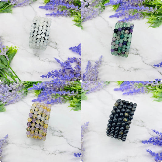 Crystal Bracelets, 8MM Beads, Fluorite Bracelets, Selenite Grounding Bangle, Obsidian Bracelets, Ametrine Set of Four Bracelets
