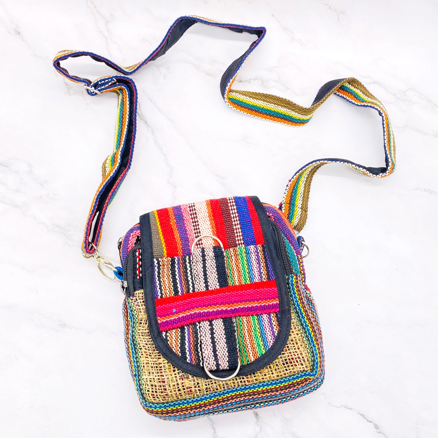 Hemp Mini Cross Body Bag, Ecofriendly Travel Purse, Passport Bag, Mini Shoulder Bag, Hippie Vegan Colorful Bag, Handmade Unisex Bag
