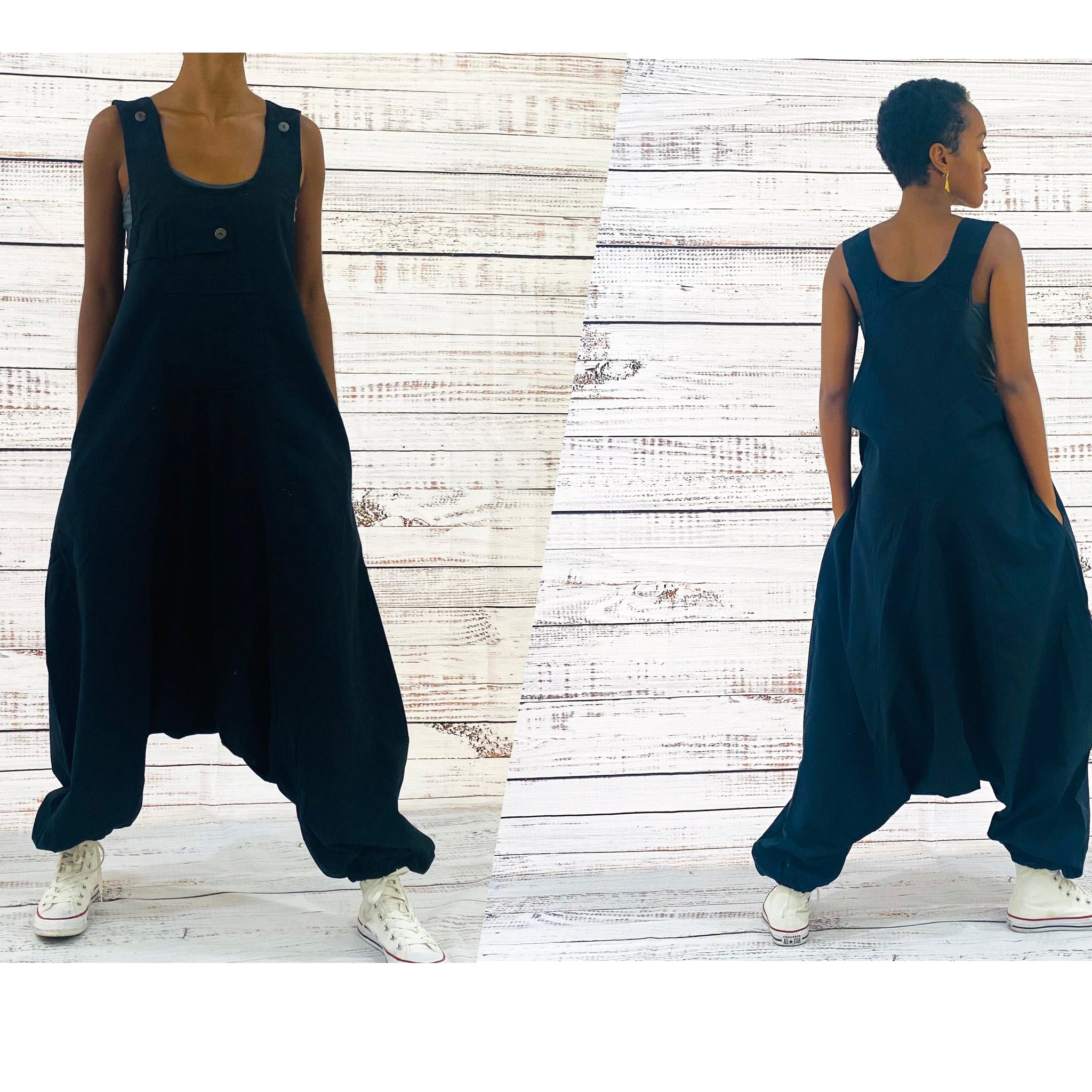DanceeMangoos Womens Harem Jumpsuits Black Baggy Overalls Cotton