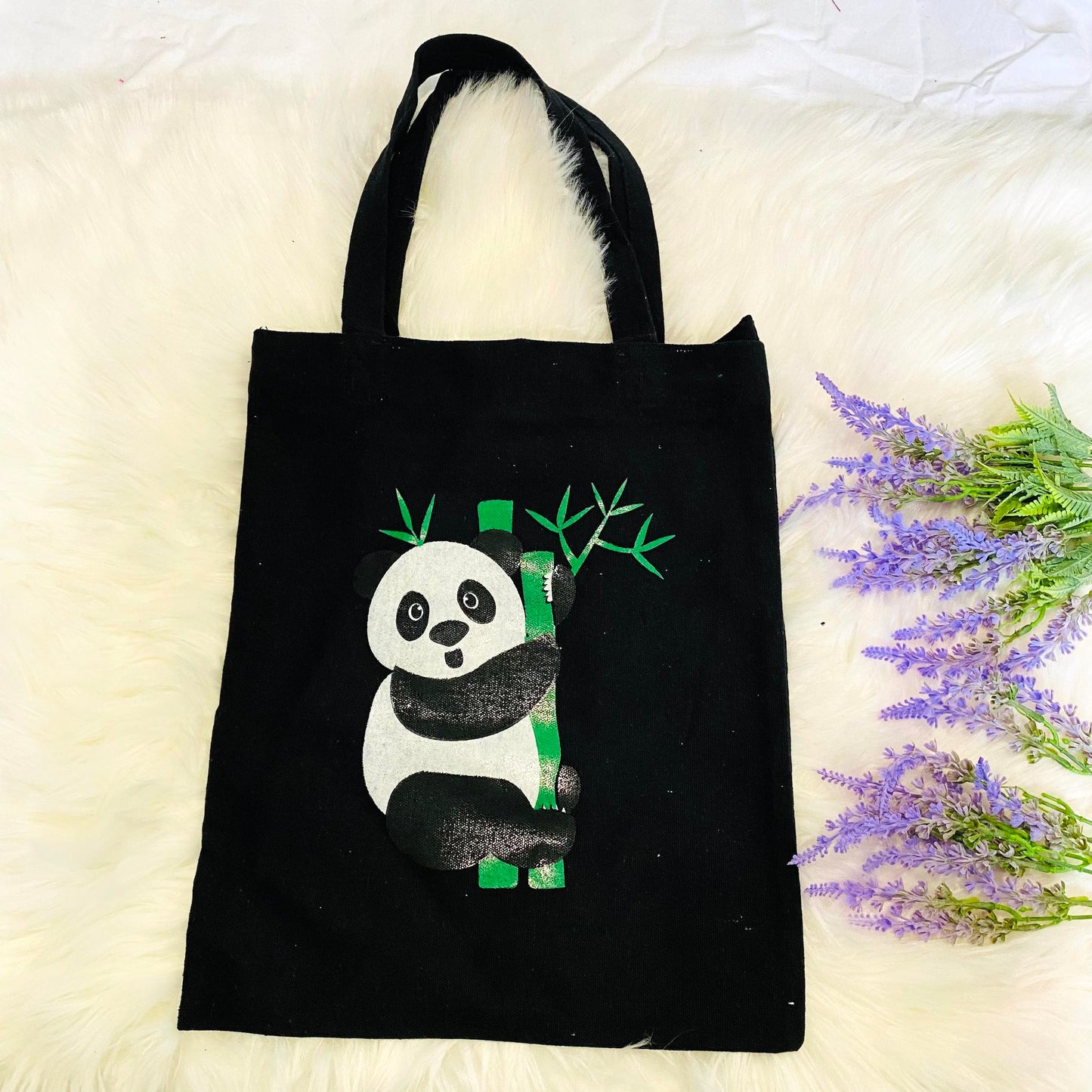 Handmade Cotton Tote Bag, Cute Panda Prints, Black/Beige Tote Bag, Reusable Bag, Zippered Closure, Unisex  Vegan Tote Bag, Ecofriendly Bag