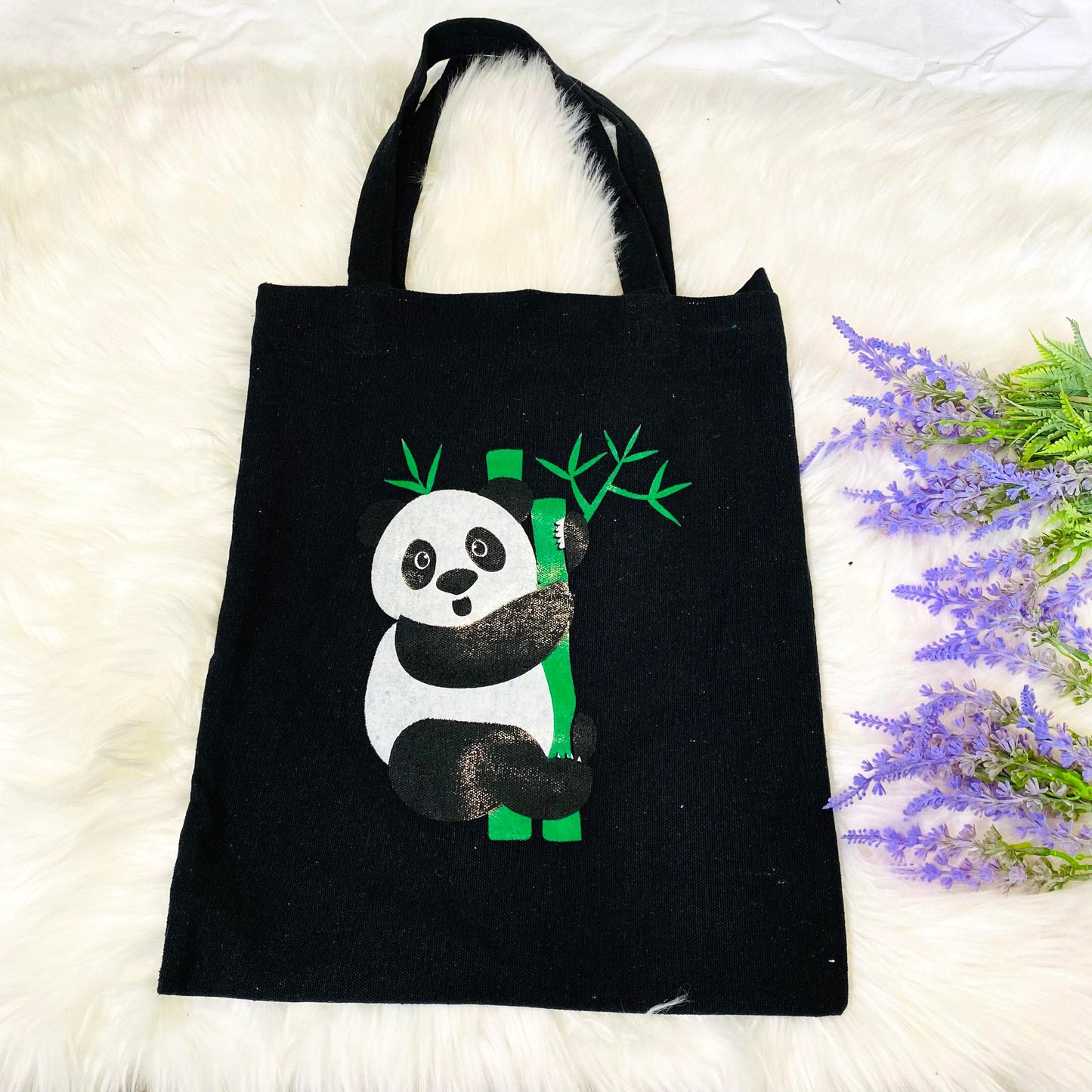 Handmade Cotton Tote Bag, Cute Panda Prints, Black/Beige Tote Bag, Reusable Bag, Zippered Closure, Unisex  Vegan Tote Bag, Ecofriendly Bag