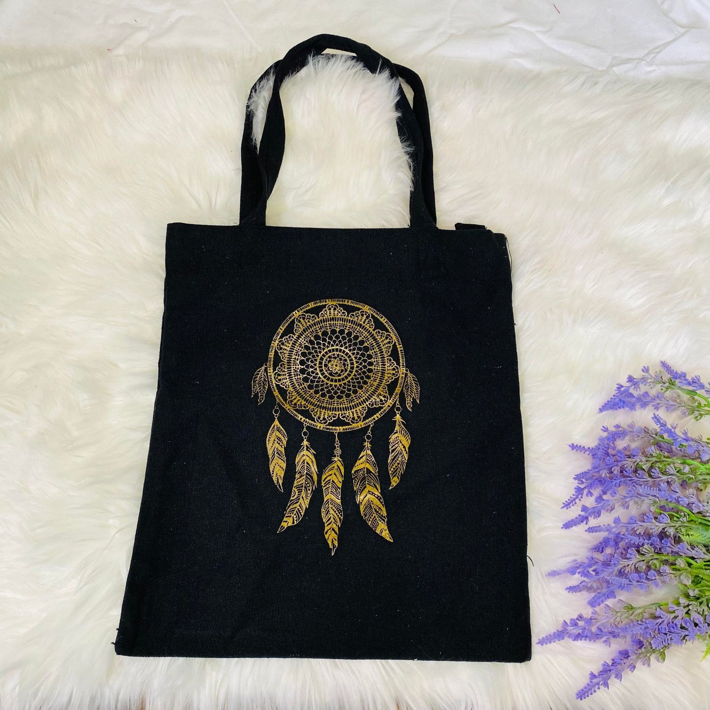 Dreamcatcher Tote Bag, Handmade Organic Cotton Tote Bag, Black/Beige Reusable Bag, Zippered Bag, Vegan Totes, Ecofriendly Bag
