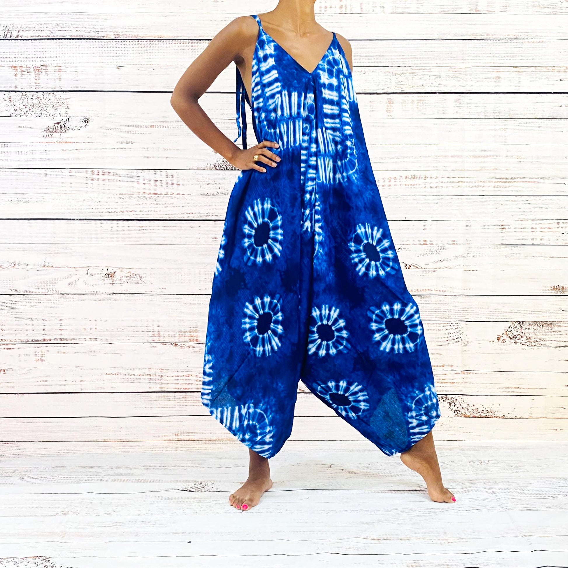 Blue Tie Dye Harem Summer Jumpsuit with Pocket – karmanepalcrafts