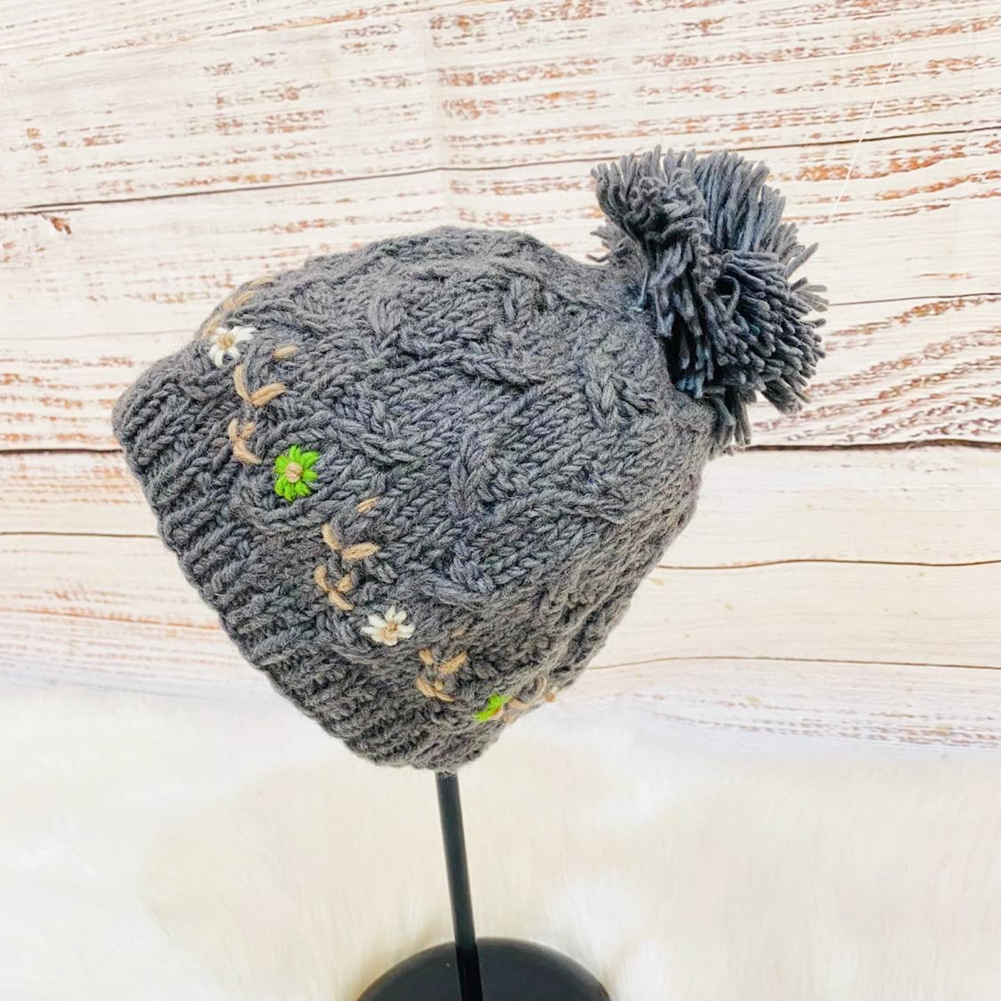 Knitted Winter Hand Embroidery Bobble Hat