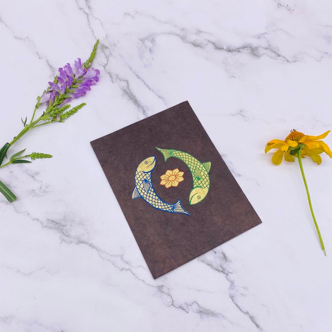 Lokta Paper Greeting Card, Handmade Note Card, Ecofriendly Greeting Card, Set of 6 Card with Envelopes, Unique Fish Note Card, Stationary Gift