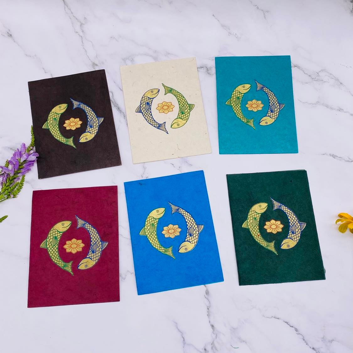 Lokta Paper Greeting Card, Handmade Note Card, Ecofriendly Greeting Card, Set of 6 Card with Envelopes, Unique Fish Note Card, Stationary Gift