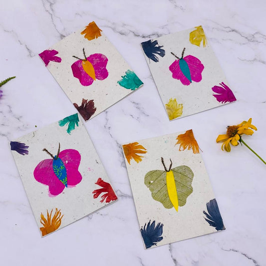 Handmade Greeting Card and Envelope Set, Lokta Paper, Ecofriendly Greeting Card Set of 4, Batik, Butterfly Design Note Card, Stationary Gift