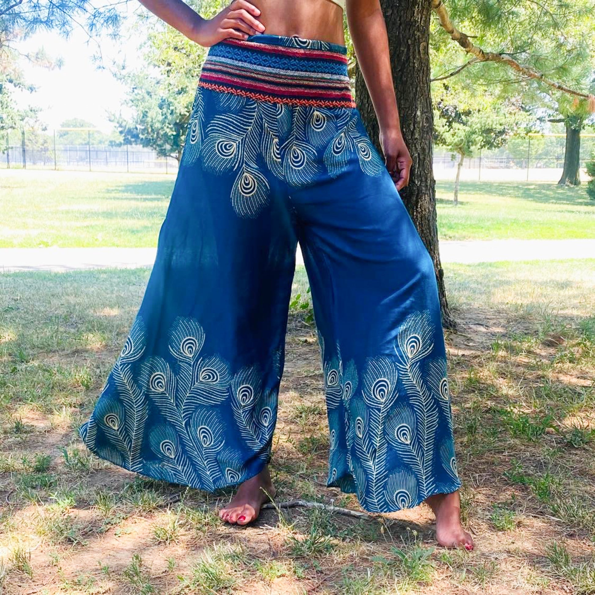  Boho Pants For Women - Hippie Harem Pants Women - Womens  Yoga Pants Comfy Bohemian Flowy Hippie Clothes - Blue Medium