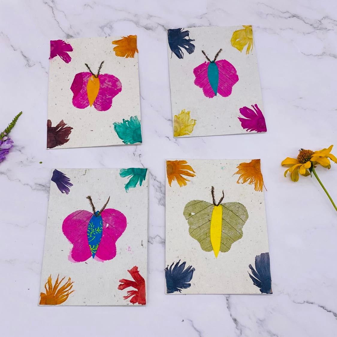 Handmade Greeting Card and Envelope Set, Lokta Paper, Ecofriendly Greeting Card Set of 4, Batik, Butterfly Design Note Card, Stationary Gift