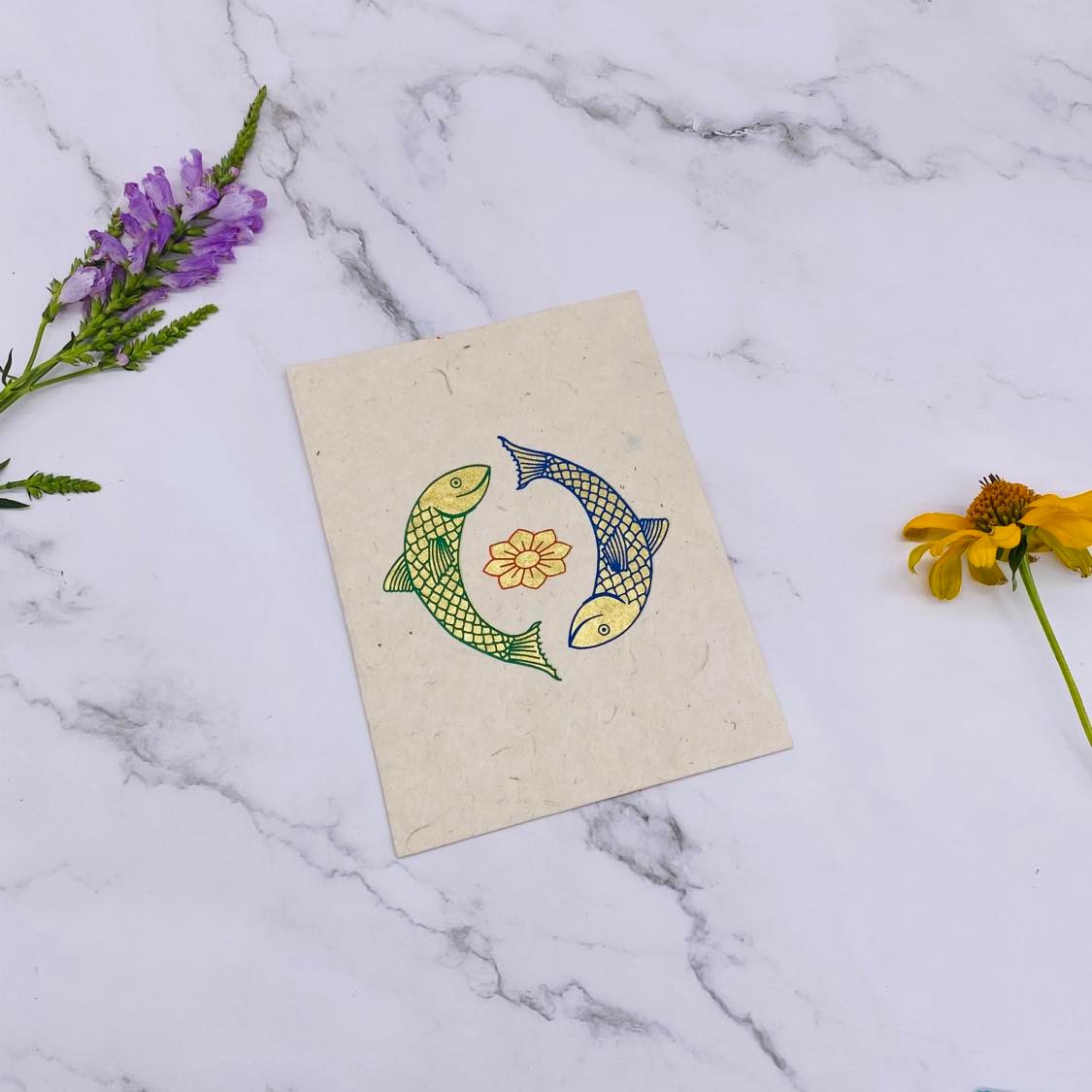 Lokta Paper Greeting Card, Handmade Note Card, Ecofriendly Greeting Card, Set of 6 Card with Envelopes, Unique Fish Note Card, Stationary Gift