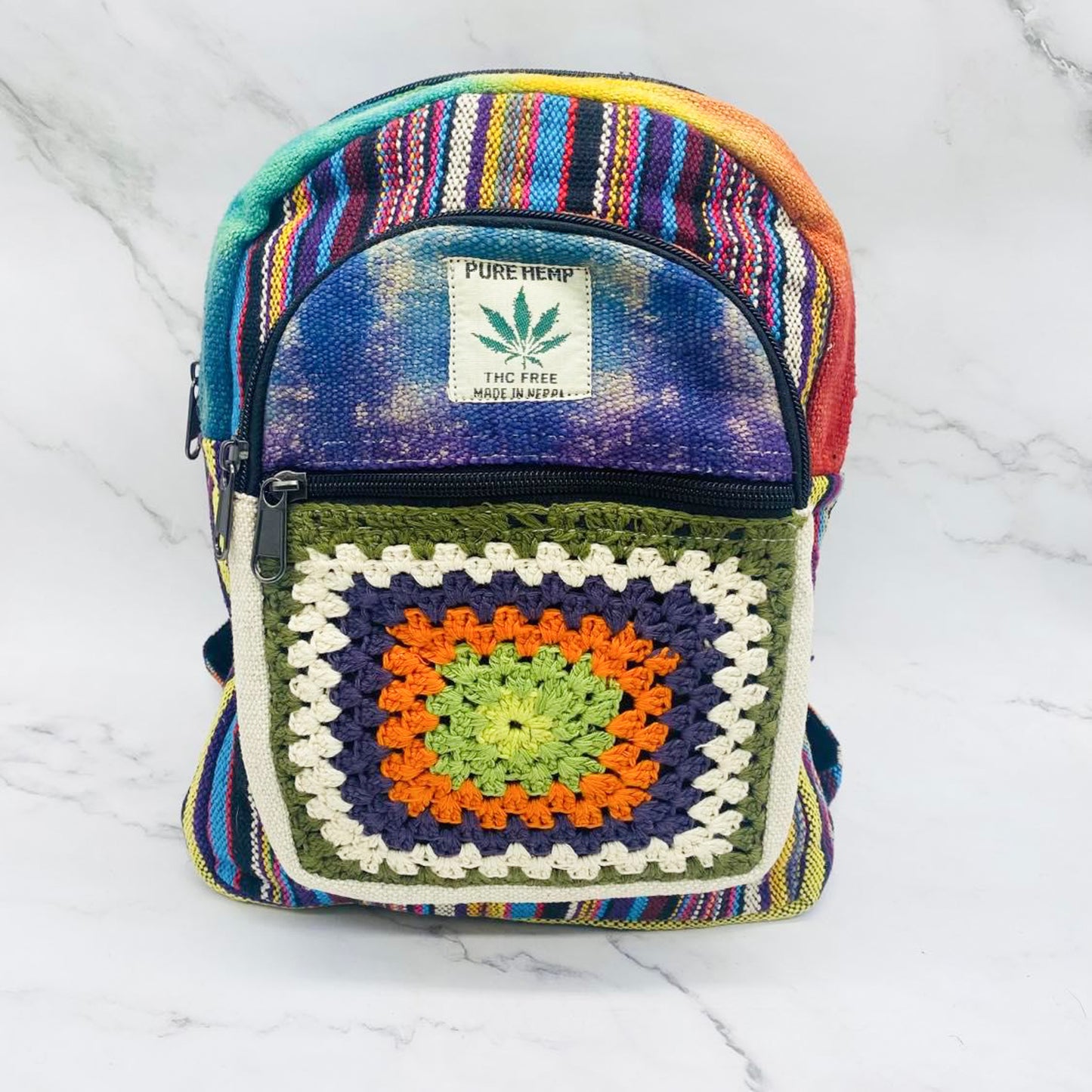 Handmade Mini Hemp Back Pack, Crocheted Vegan Bags, Eco Friendly, Back Pack, Colorful Festival Bags, Hippie Style cute Bags, Travel Bags