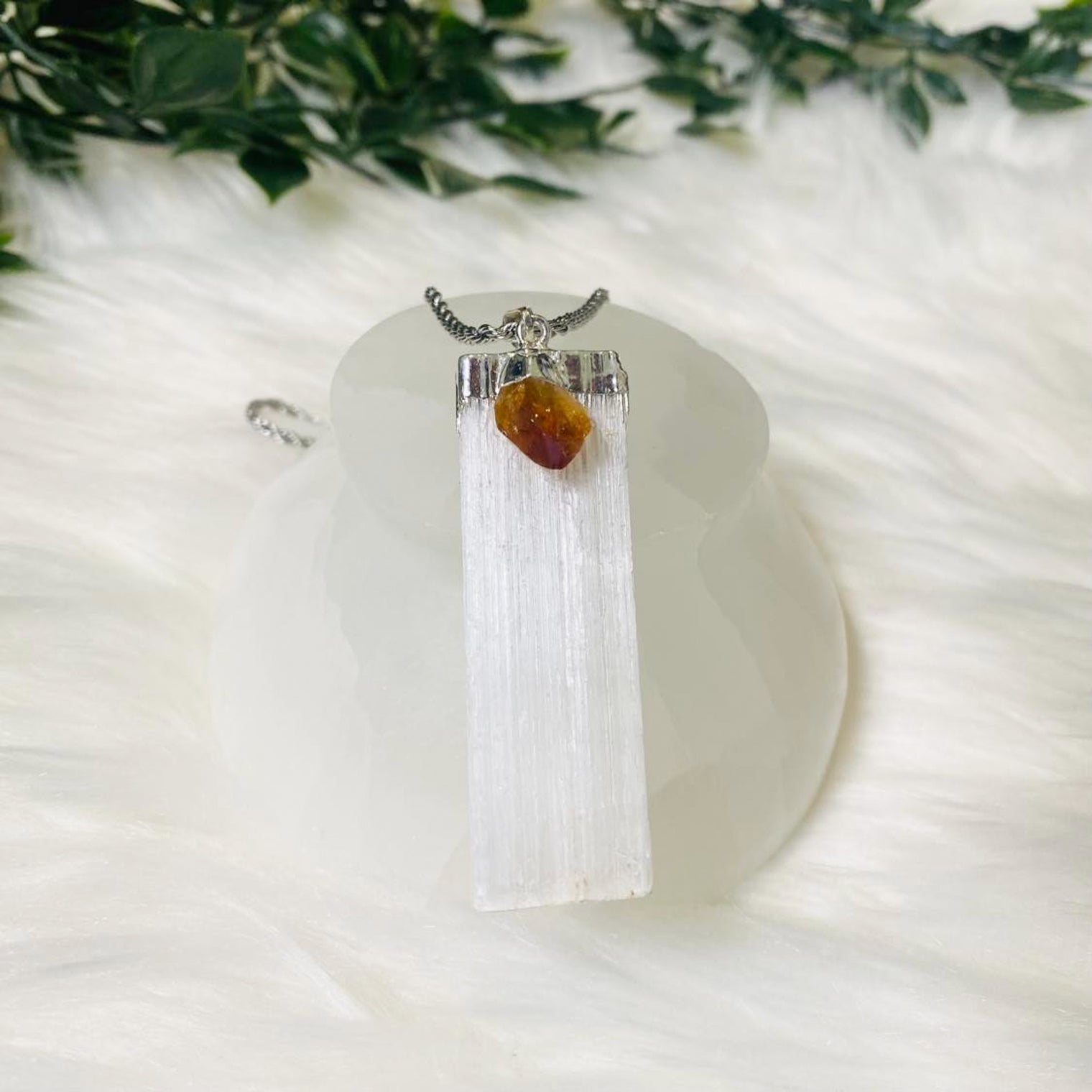 Selenite Crystal Pendant with Citrine, Stone for Cleansing and Wealth