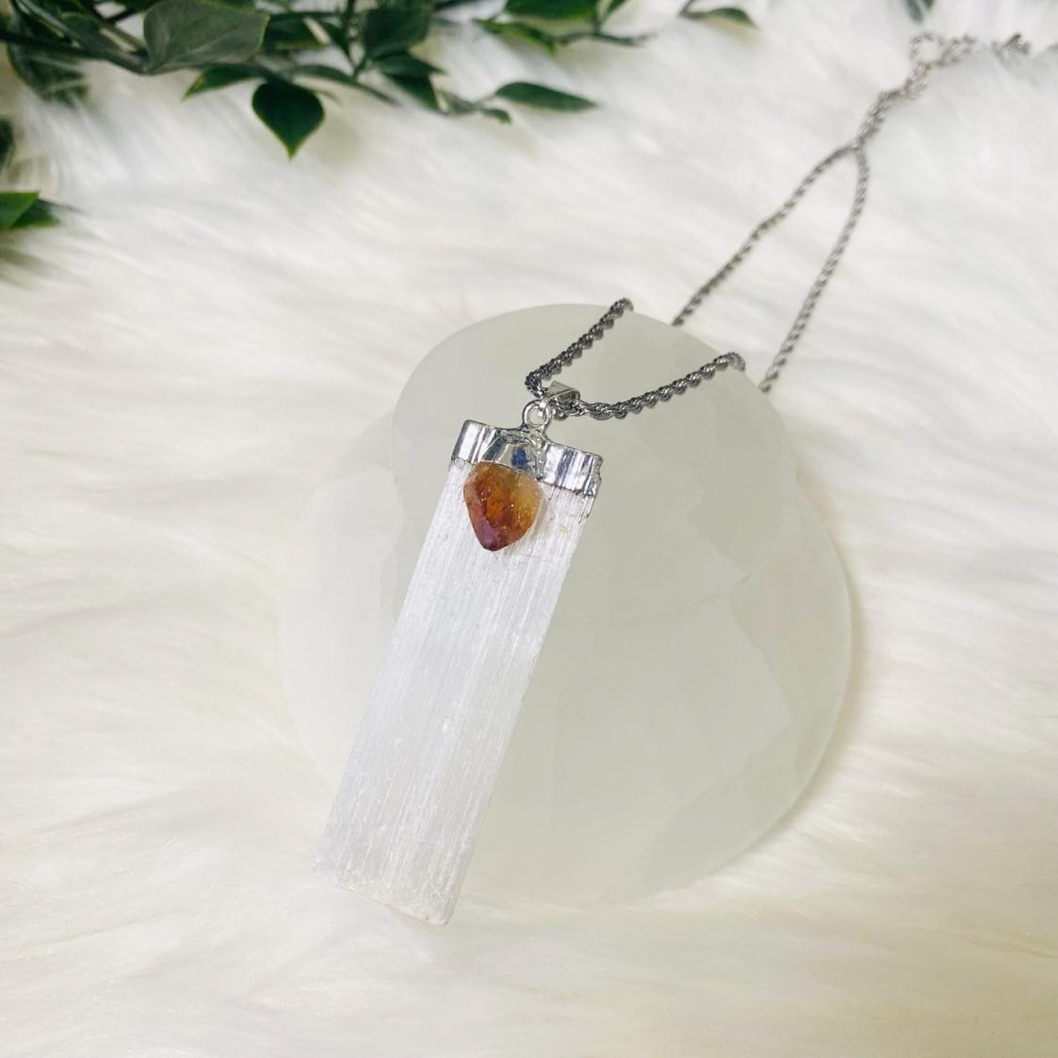 Selenite Crystal Pendant with Citrine, Stone for Cleansing and Wealth