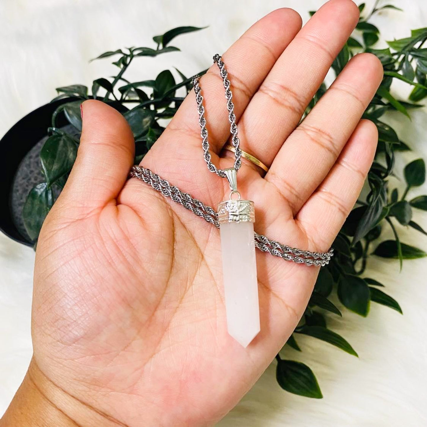 Rose Quartz Pointed Crystal Necklace with Gold Dipped Silver Chain