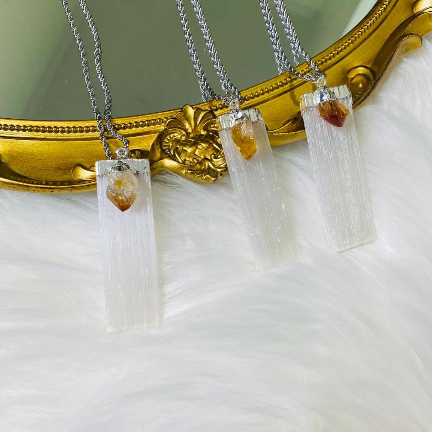 Selenite Crystal Pendant with Citrine, Stone for Cleansing and Wealth