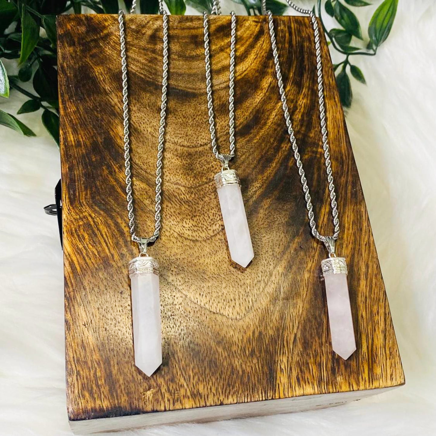Rose Quartz Pointed Crystal Necklace with Gold Dipped Silver Chain