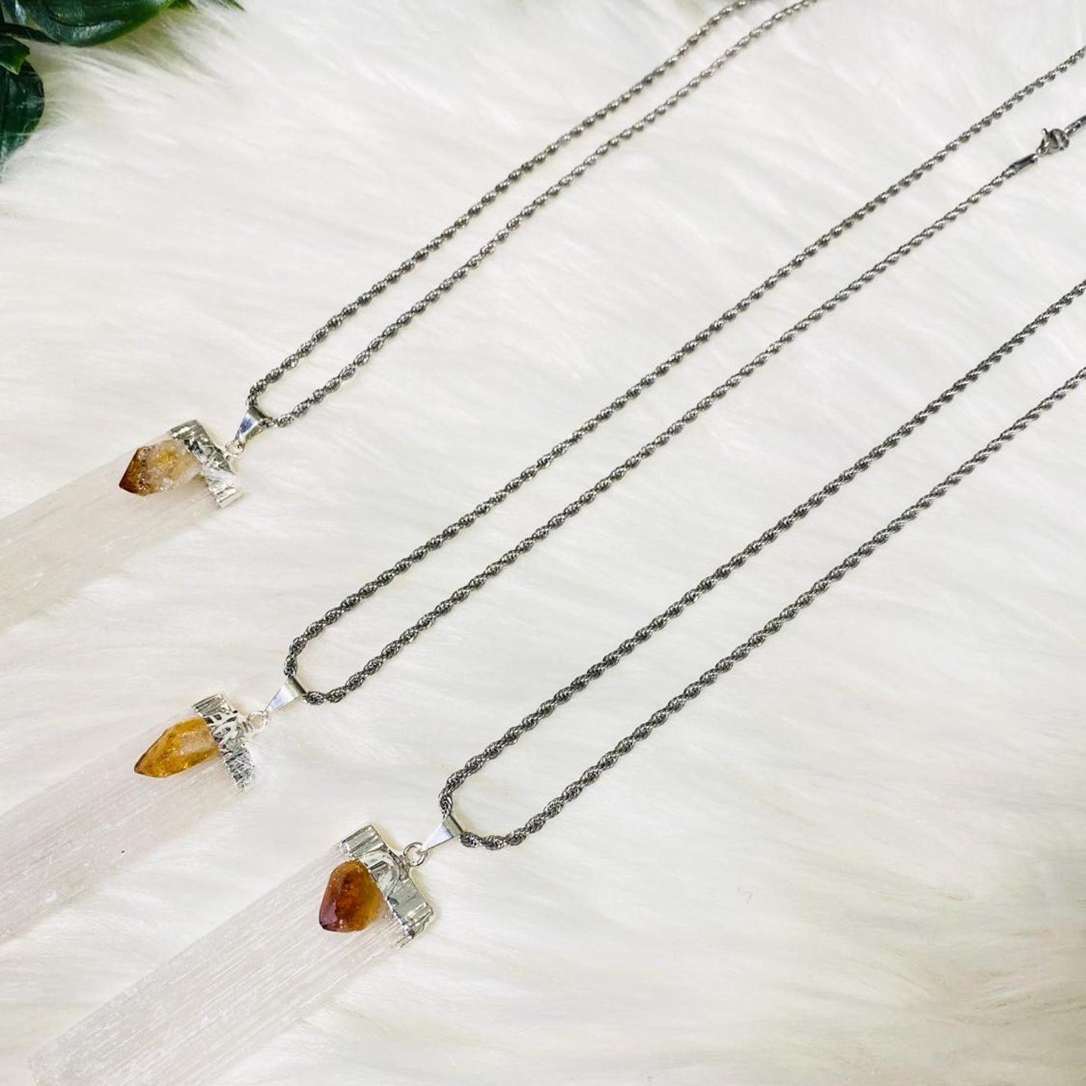 Selenite Crystal Pendant with Citrine, Stone for Cleansing and Wealth