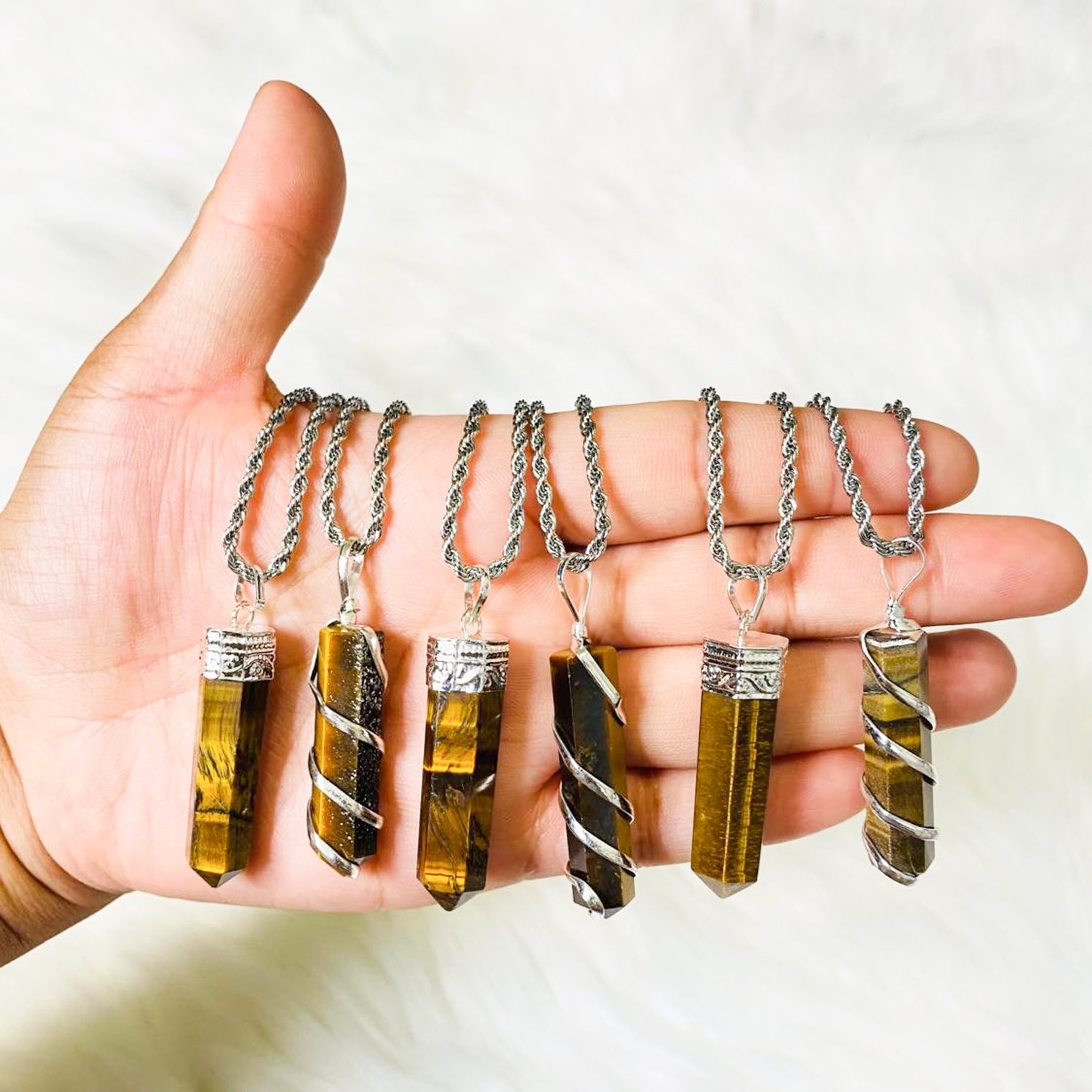 Pointed Tiger Eye Necklace with Silver Chain