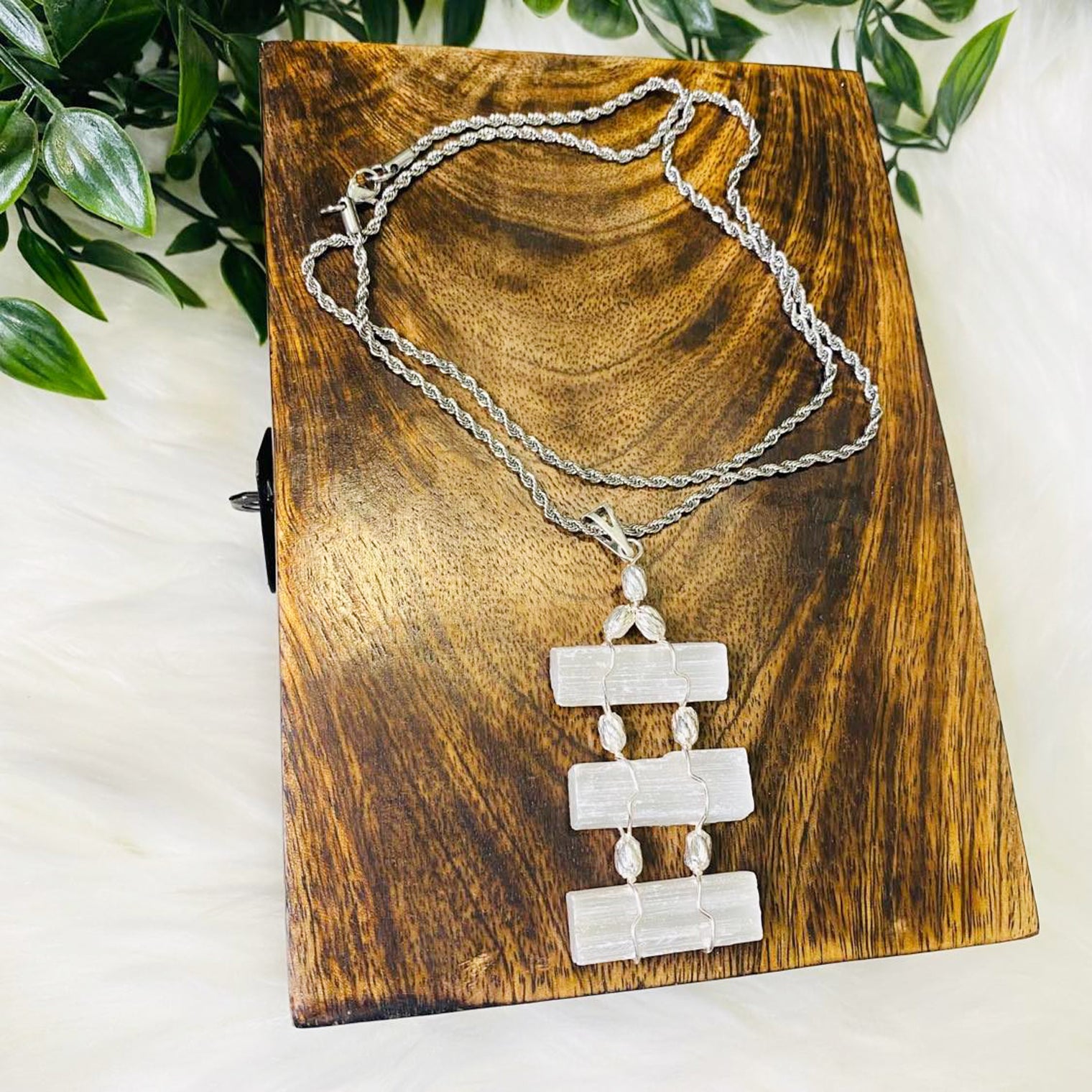 Raw Selenite Crystal Necklace with Silver Chain