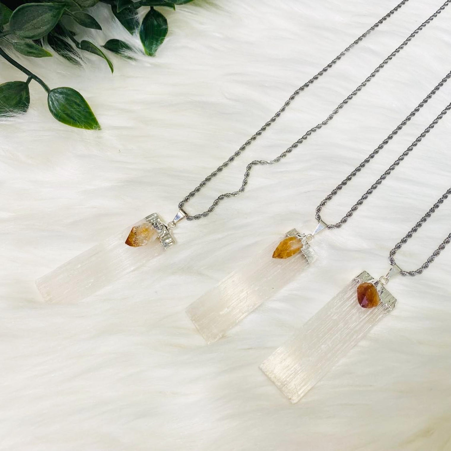 Selenite Crystal Pendant with Citrine, Stone for Cleansing and Wealth