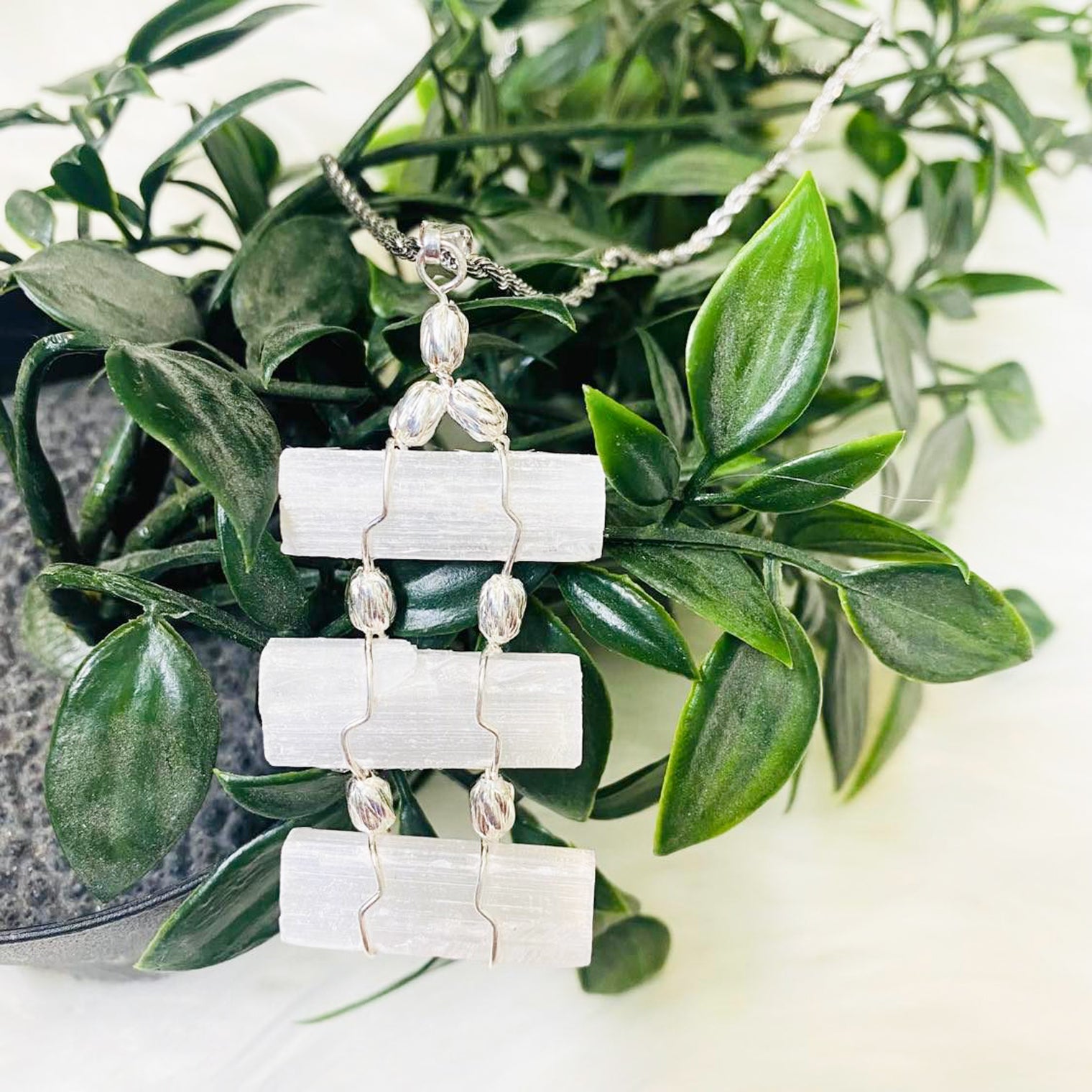 Raw Selenite Crystal Necklace with Silver Chain