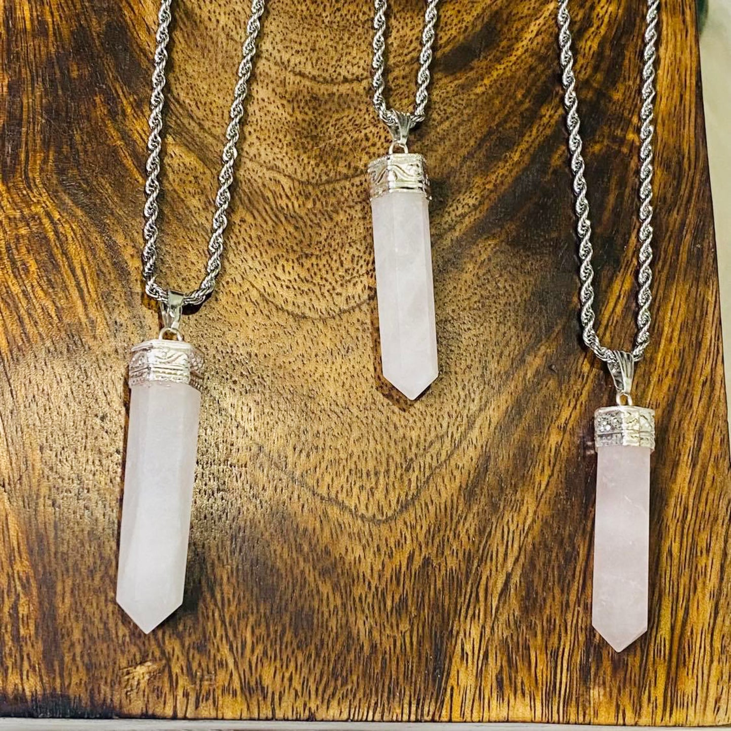 Rose Quartz Pointed Crystal Necklace with Gold Dipped Silver Chain