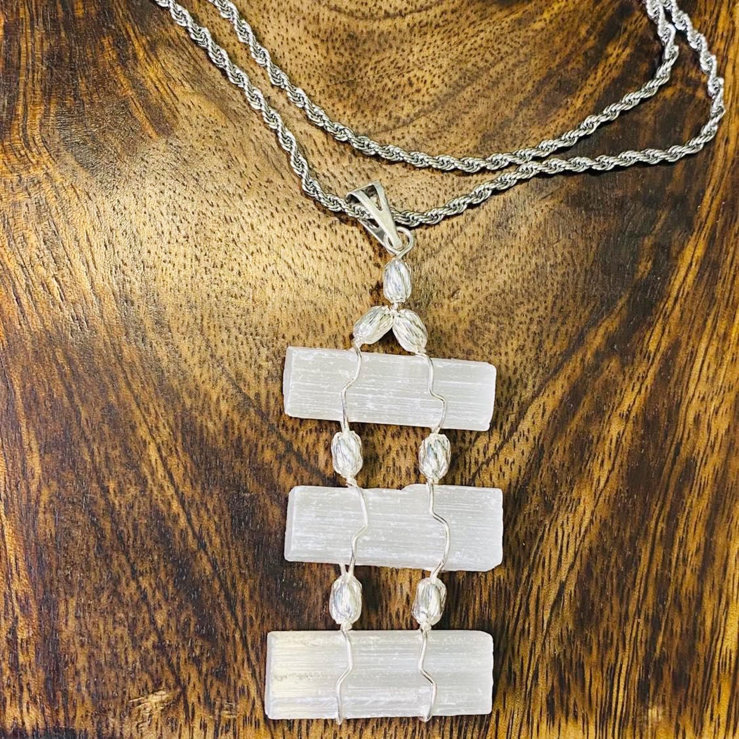 Raw Selenite Crystal Necklace with Silver Chain