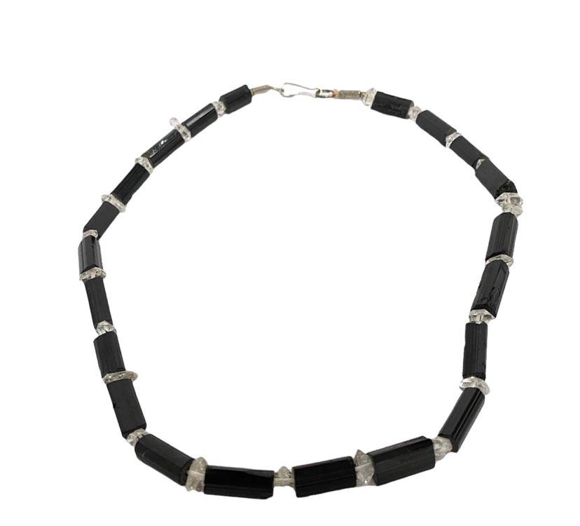 Raw Black Tourmaline Necklace with Herkimer Diamond
