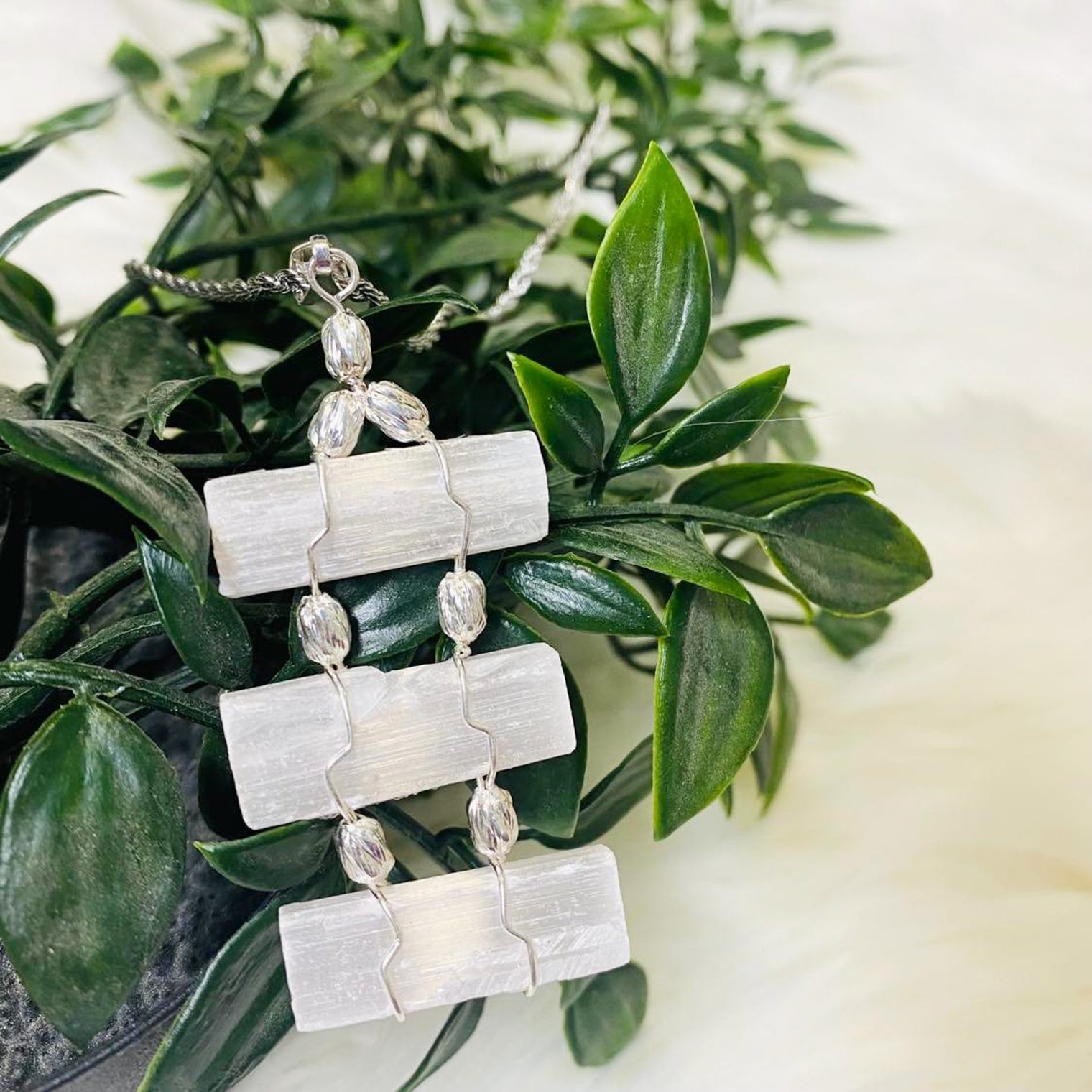Raw Selenite Crystal Necklace with Silver Chain