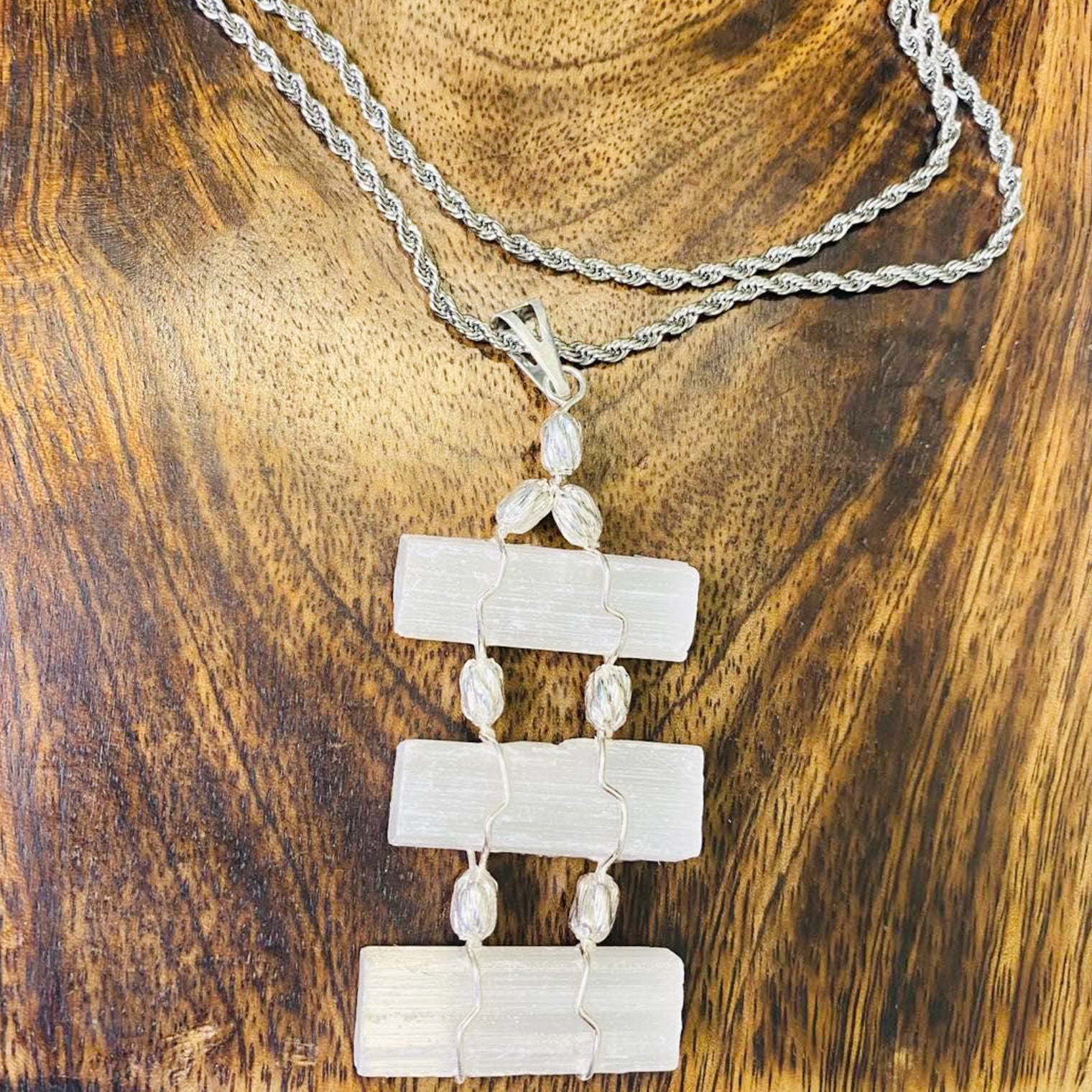 Raw Selenite Crystal Necklace with Silver Chain
