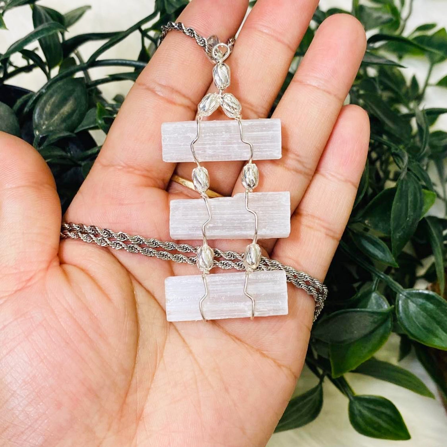 Raw Selenite Crystal Necklace with Silver Chain