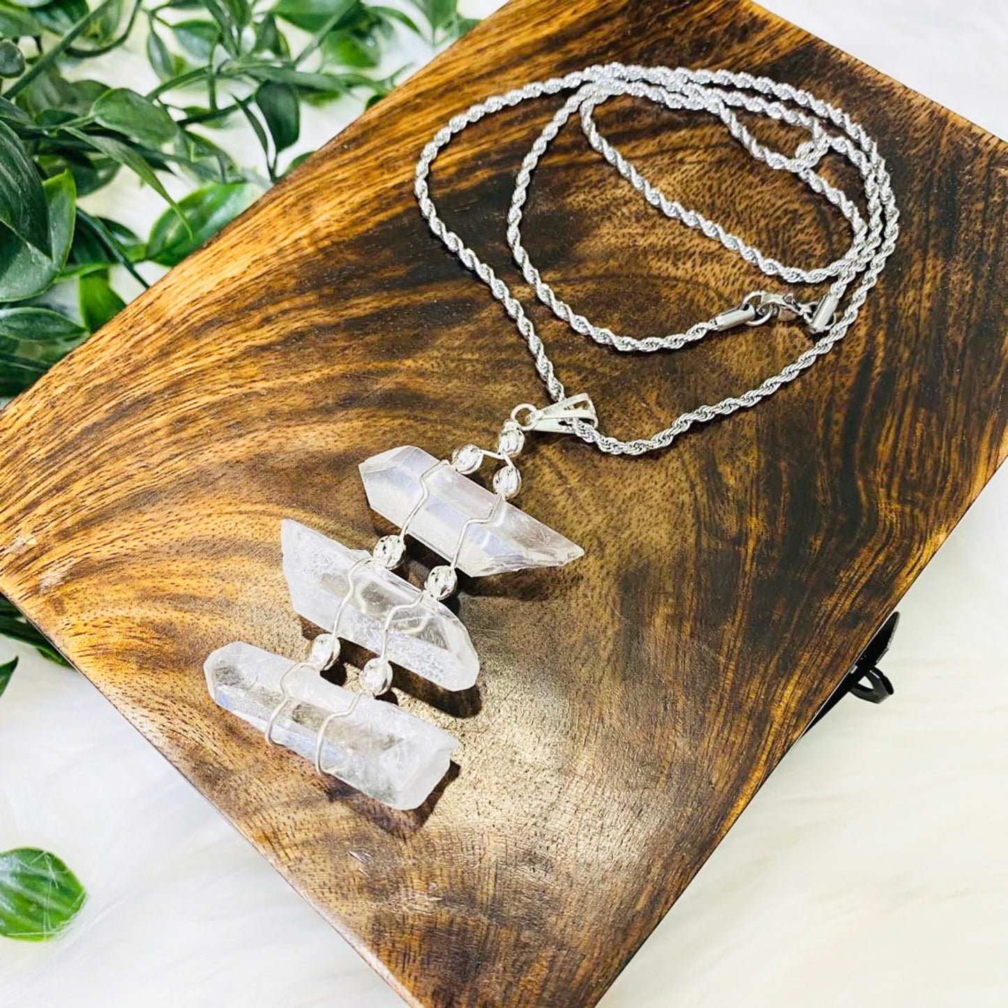 Raw Quartz Layered Crystal  Necklace with Silver Chain