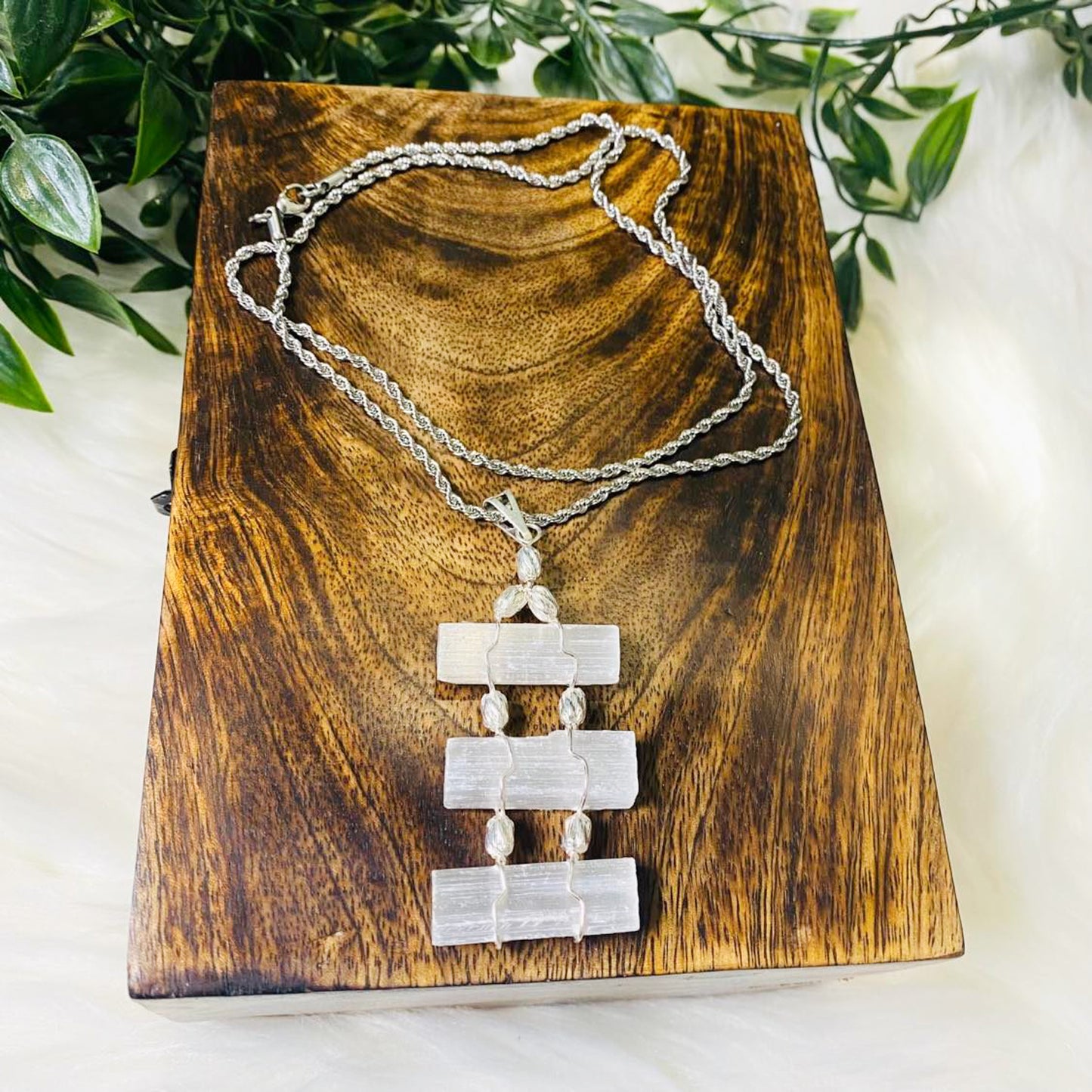 Raw Selenite Crystal Necklace with Silver Chain