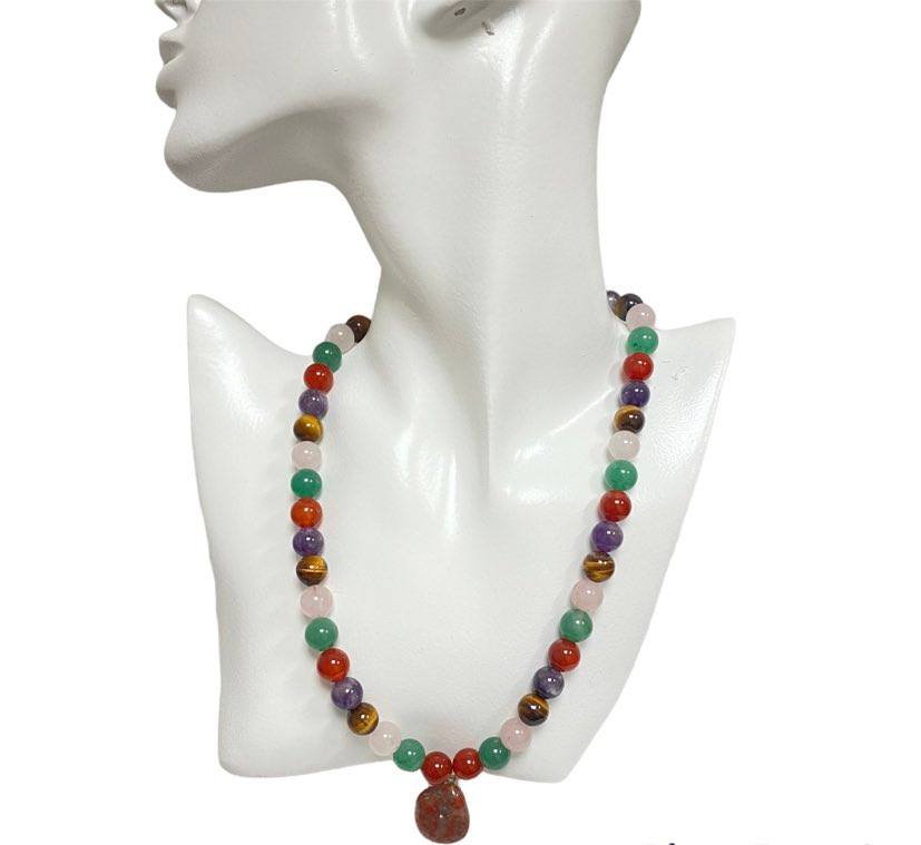 Seven Chakra Balancing Necklace with Red Jasper Pendant