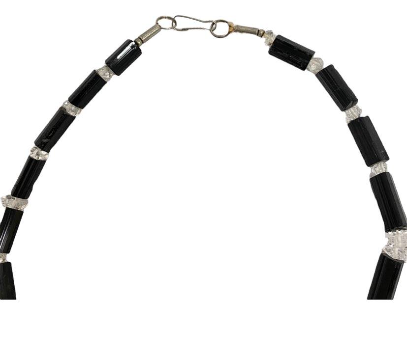 Raw Black Tourmaline Necklace with Herkimer Diamond