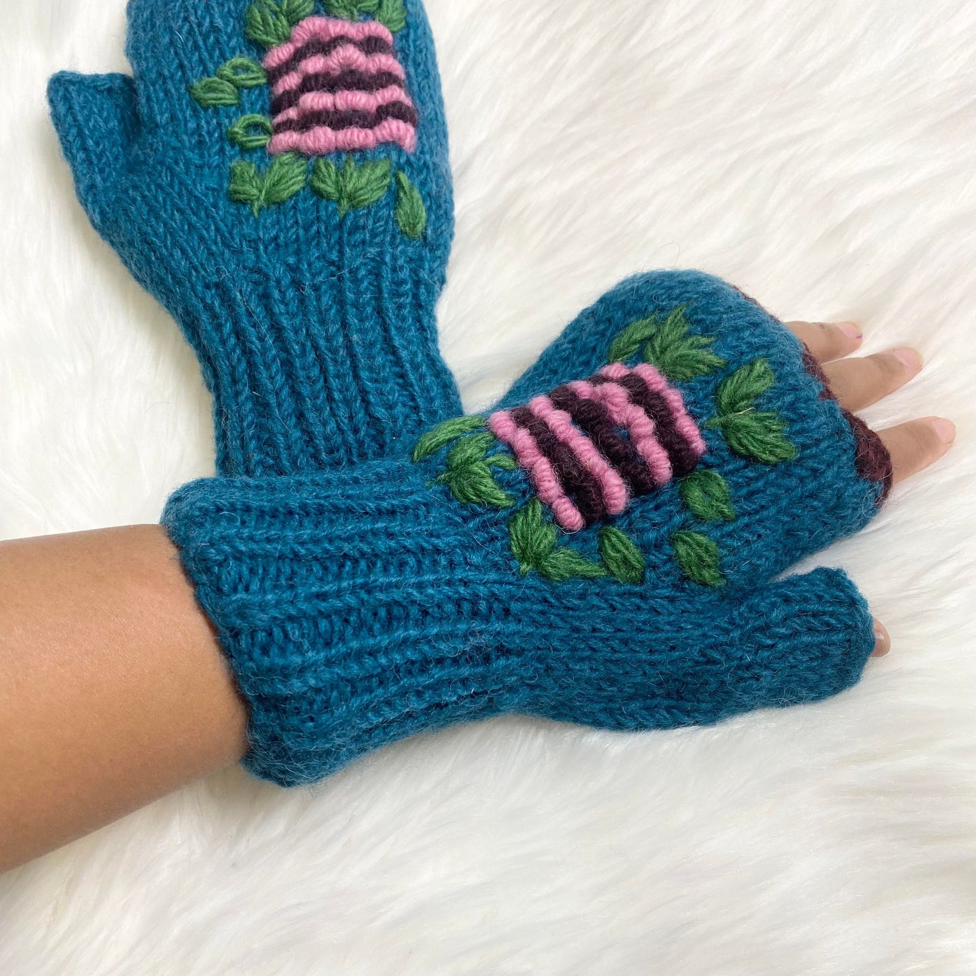 Himalayan Handknit Wool Fingerless Gloves/Hand Warmers Pink