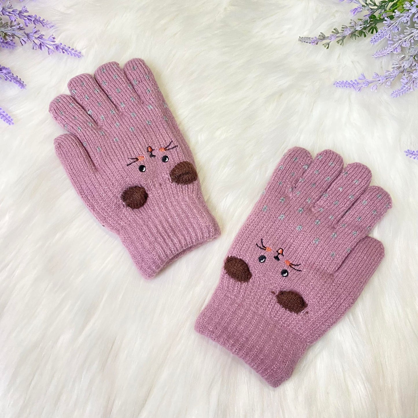 Kids Fleece Lined Knit Cat Design  Gloves