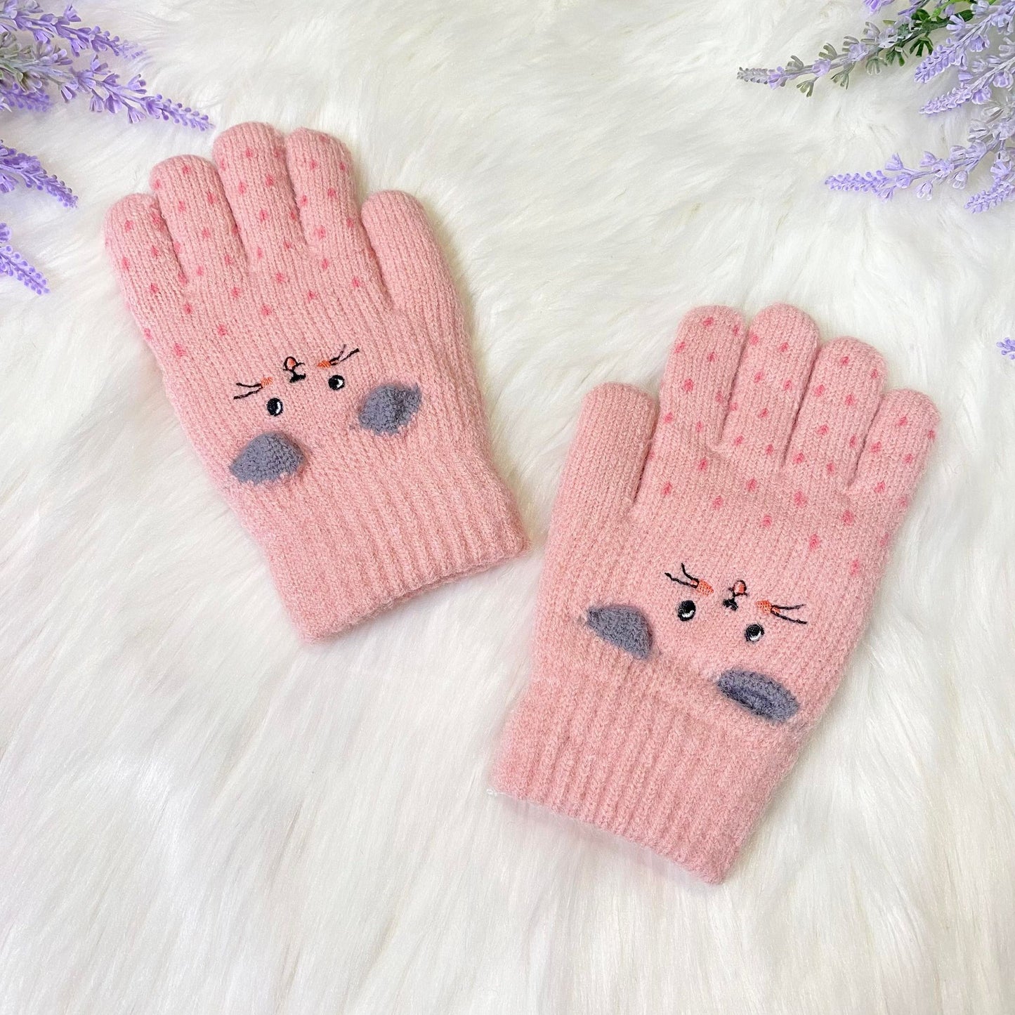 Kids Fleece Lined Knit Cat Design  Gloves