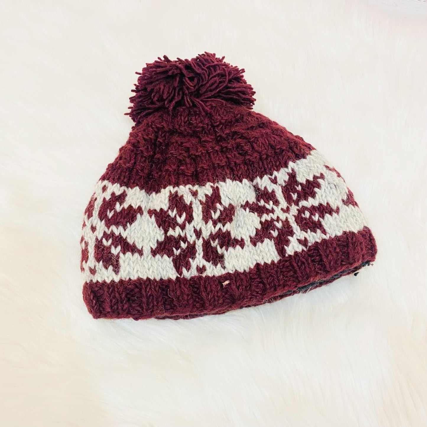 Hand Knit Wool Pom Pom  Winter Hat