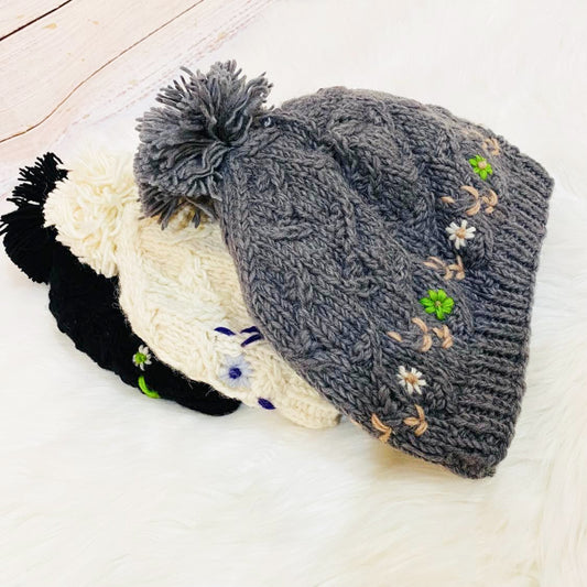 Knitted Winter Hand Embroidery Bobble Hat