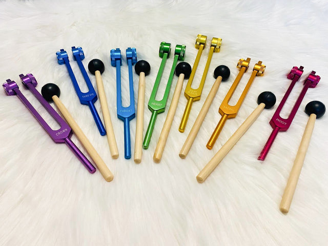 7 Chakra Tuning Fork Set with Individual Chakra Sign Bags and Mallet