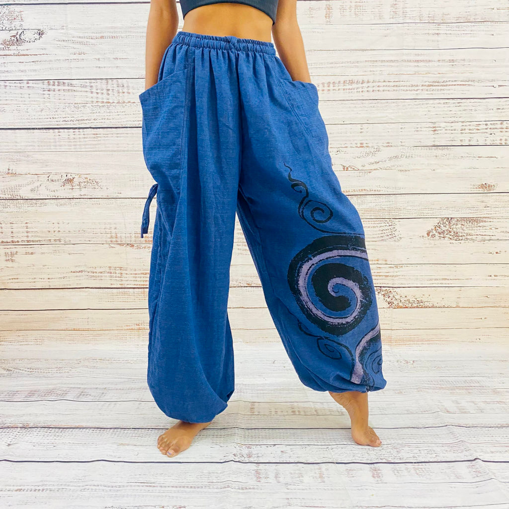 Unisex Cotton Pant with Spiral Prints, Harem Pants, Yoga Pants, Hippie Clothes, Aladdin Pants, Boho Pants, Summer Organic Cotton Pants