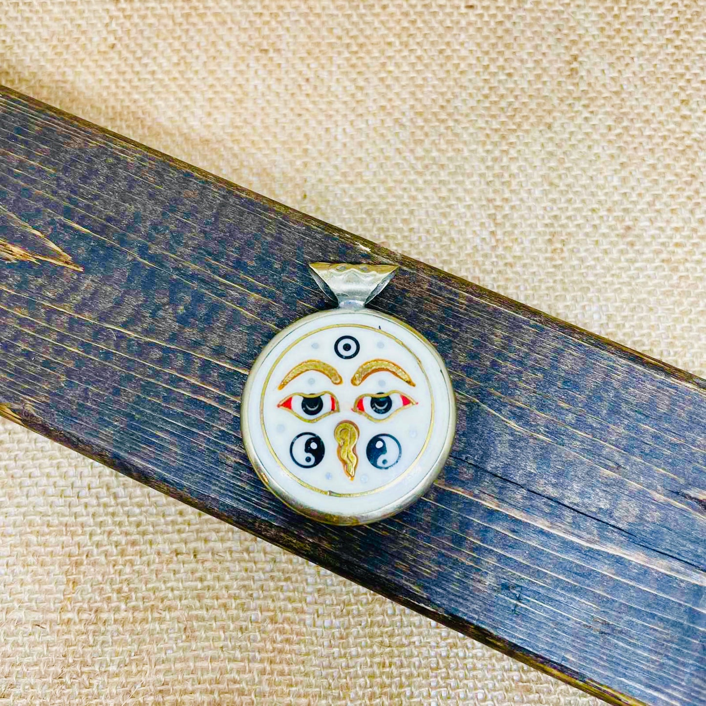 Handmade Double Sided Tibetan Pendant with Eye of Buddha and Healing Mantra, Buddha Charm, Buddhist Amulet, Protection Symbol, Aum Necklace