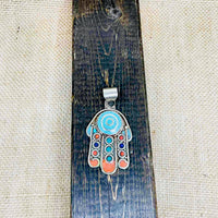 Hamsa Pendant, Hands of Fatima Necklace, Bohemian Jewelry, Protection Necklace, Turquoise Coral Lapis Lazuli Pendant , Gift for Him/Her,