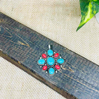 Vintage Turquoise/Coral Necklace, Tibetan Silver Pendant, Bohemian Jewelry, Ethnic Pendant, Gift For Her, Handmade Boho Style
